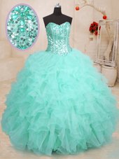 Luxurious Beading and Ruffles Quinceanera Gown Apple Green Lace Up Sleeveless Floor Length