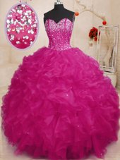 Fuchsia Lace Up Sweetheart Beading and Ruffles 15th Birthday Dress Organza Sleeveless