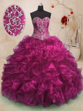 Trendy Watermelon Red Ball Gowns Organza Sweetheart Sleeveless Beading and Ruffles Floor Length Lace Up Quinceanera Dress