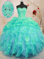 Flirting Sweetheart Sleeveless Organza Ball Gown Prom Dress Beading and Ruffles Lace Up