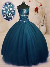 Custom Designed Floor Length Lace Up Vestidos de Quinceanera Navy Blue and In for Military Ball and Sweet 16 and Quinceanera with Beading