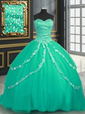 Tulle Sweetheart Sleeveless Brush Train Lace Up Beading and Appliques Ball Gown Prom Dress in Turquoise