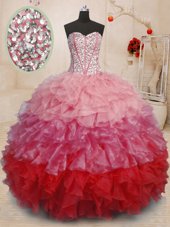 Sleeveless Floor Length Beading and Ruffles Lace Up Quinceanera Dress with Multi-color