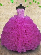 Fuchsia Quinceanera Gowns Military Ball and Sweet 16 and Quinceanera and For with Beading and Ruffles Strapless Sleeveless Lace Up