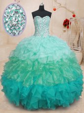 High End Sleeveless Organza Floor Length Lace Up Quinceanera Dresses in Blue for with Beading and Ruffles