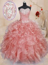 Watermelon Red Sleeveless Floor Length Beading and Ruffles Lace Up Sweet 16 Dresses