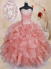 Watermelon Red Sleeveless Floor Length Beading and Ruffles Lace Up Sweet 16 Dresses
