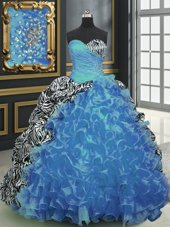 Enchanting Printed Sleeveless Brush Train Beading and Ruffles and Pattern Lace Up Quinceanera Dresses