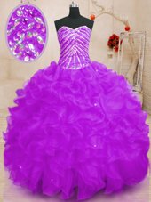High Quality Sequins Purple Sleeveless Organza Lace Up Sweet 16 Dress for Sweet 16 and Quinceanera