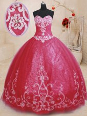 Eye-catching Floor Length Red Vestidos de Quinceanera Tulle Sleeveless Beading and Embroidery