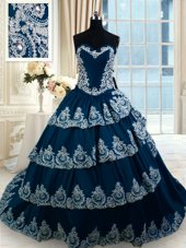 Cheap Navy Blue Taffeta Lace Up Quinceanera Gowns Sleeveless With Train Court Train Beading and Appliques and Ruffled Layers