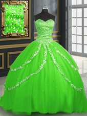 Sophisticated Tulle Sweetheart Sleeveless Brush Train Lace Up Beading and Appliques Ball Gown Prom Dress in