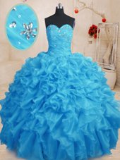 Baby Blue Sleeveless Floor Length Beading and Ruffles Lace Up Quinceanera Gowns