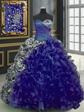 Fabulous Printed With Train Lace Up Quinceanera Dresses Blue and In for Military Ball and Sweet 16 and Quinceanera with Beading and Ruffles and Pattern