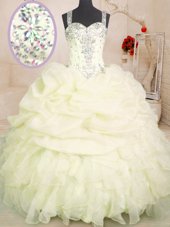 Pick Ups Ball Gowns Quinceanera Dress Light Yellow Straps Organza Sleeveless Floor Length Zipper