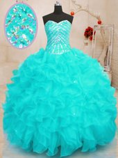 Shining Organza Sleeveless Floor Length Sweet 16 Dress and Beading and Ruffles and Sequins