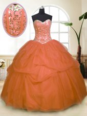 Orange Ball Gowns Sequins and Pick Ups Sweet 16 Quinceanera Dress Zipper Tulle Sleeveless Floor Length