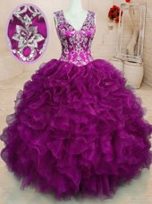 Elegant Fuchsia Sleeveless Beading and Embroidery and Ruffles Floor Length Sweet 16 Quinceanera Dress