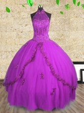 Purple Tulle Lace Up Halter Top Sleeveless Floor Length Sweet 16 Dress Beading