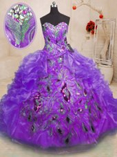 Purple Organza Zipper Quinceanera Gowns Sleeveless Floor Length Beading and Appliques and Ruffles