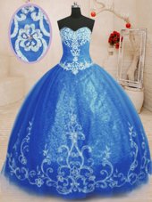 Sleeveless Tulle Floor Length Lace Up Quinceanera Gowns in Blue for with Beading and Appliques