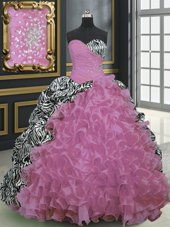 Stunning Printed Beading and Ruffles and Pattern Quinceanera Dress Rose Pink Lace Up Sleeveless With Brush Train