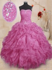 Glamorous Fuchsia Organza Lace Up Strapless Sleeveless Floor Length 15 Quinceanera Dress Beading and Ruffles and Ruching