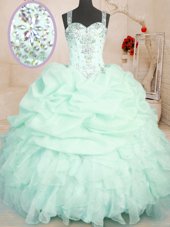 Sleeveless Floor Length Beading and Ruffles and Pick Ups Zipper Ball Gown Prom Dress with Apple Green