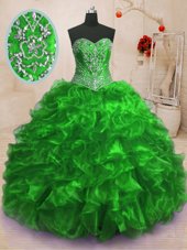 Unique Sweetheart Sleeveless Organza Quinceanera Dress Beading and Ruffles Sweep Train Lace Up