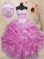 Sleeveless Floor Length Beading and Ruffles Lace Up Sweet 16 Dresses with Lilac
