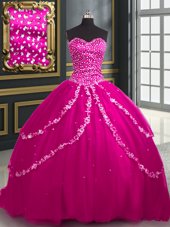High Quality With Train Lace Up Sweet 16 Dresses Fuchsia and In for Military Ball and Sweet 16 and Quinceanera with Beading and Appliques Brush Train