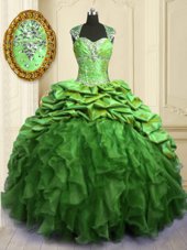High Quality Floor Length Quinceanera Dresses Organza and Taffeta Brush Train Cap Sleeves Beading and Ruffles and Pick Ups
