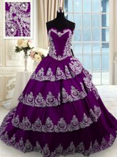 With Train Lace Up Quinceanera Gown Purple and In for Military Ball and Sweet 16 and Quinceanera with Beading and Appliques and Ruffled Layers Court Train