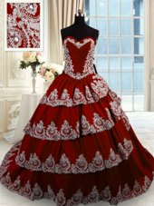 Sumptuous Sleeveless With Train Beading and Appliques and Ruffled Layers Lace Up Quinceanera Dresses with Wine Red Court Train