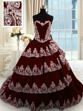 Ruffled Wine Red Sleeveless Taffeta Court Train Lace Up Quinceanera Dress for Military Ball and Sweet 16 and Quinceanera
