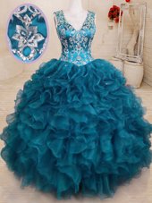 Pretty Teal Organza Backless V-neck Sleeveless Floor Length Vestidos de Quinceanera Beading and Embroidery and Ruffles