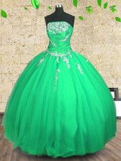 Customized Green Tulle Lace Up Sweet 16 Dresses Sleeveless Floor Length Embroidery and Ruching