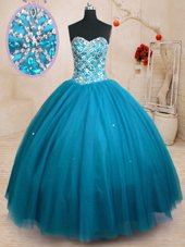 Elegant Beading Quinceanera Dress Teal Lace Up Sleeveless Floor Length