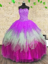 Great Multi-color Ball Gowns Beading and Ruffles and Ruffled Layers Quince Ball Gowns Lace Up Tulle Sleeveless Floor Length