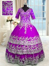 Enchanting Half Sleeves Floor Length Appliques and Ruffled Layers Zipper Sweet 16 Quinceanera Dress with Purple