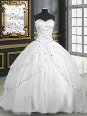 Sumptuous White Sleeveless With Train Beading and Appliques Lace Up Quinceanera Dresses