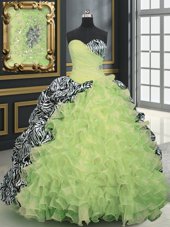 With Train Yellow Green Vestidos de Quinceanera Organza and Printed Brush Train Sleeveless Beading and Ruffles and Pattern