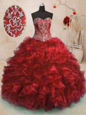 Sweetheart Sleeveless Organza Vestidos de Quinceanera Beading and Ruffles Sweep Train Lace Up