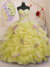 Wonderful Sleeveless With Train Beading and Ruffles Lace Up Sweet 16 Dresses with Yellow Brush Train