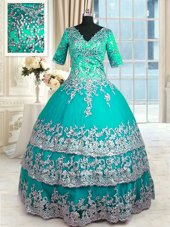 Classical Half Sleeves Zipper Floor Length Beading and Lace and Appliques and Ruffled Layers Sweet 16 Quinceanera Dress