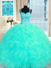 Aqua Blue Ball Gowns Embroidery and Ruffles Quinceanera Gown Lace Up Organza Sleeveless Floor Length