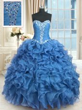 High End Floor Length Lace Up Quinceanera Gown Baby Blue and In for Military Ball and Sweet 16 and Quinceanera with Beading and Ruffles
