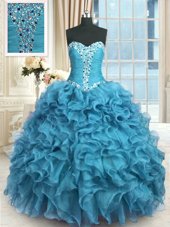 Floor Length Baby Blue Vestidos de Quinceanera Organza Sleeveless Beading and Ruffles