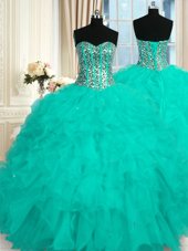 Floor Length Ball Gowns Sleeveless Aqua Blue Quinceanera Gowns Lace Up