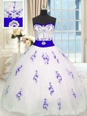 Sleeveless Tulle Floor Length Lace Up Quince Ball Gowns in White for with Embroidery and Belt